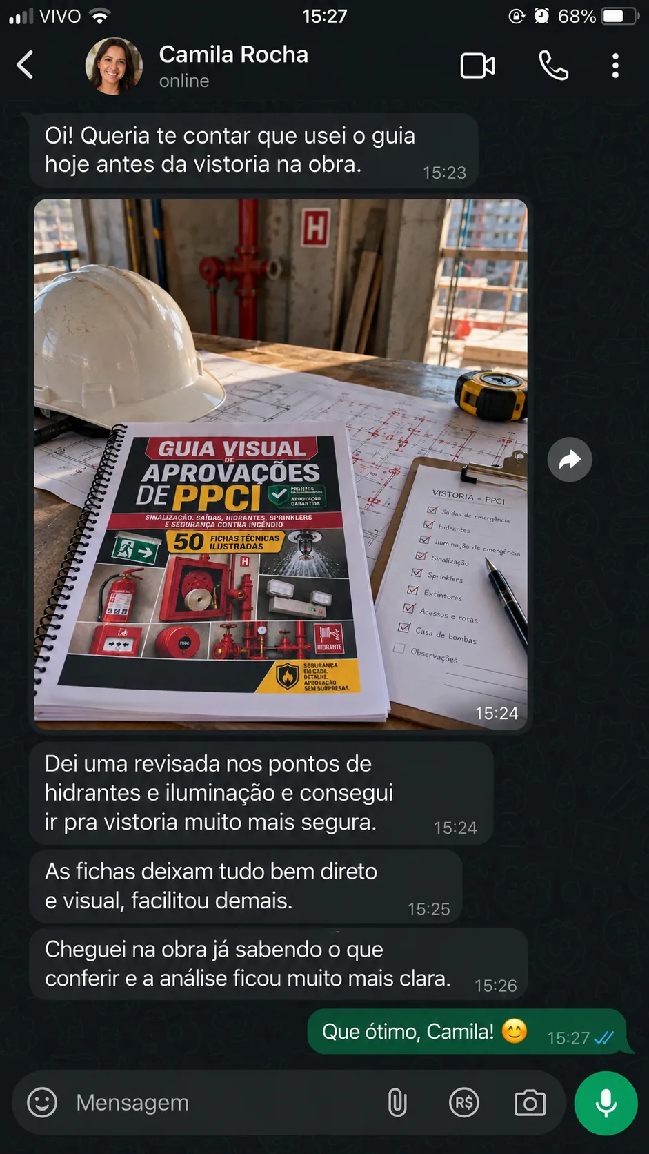 Print de conversa: cliente relatando uso do Guia Visual de PPCI